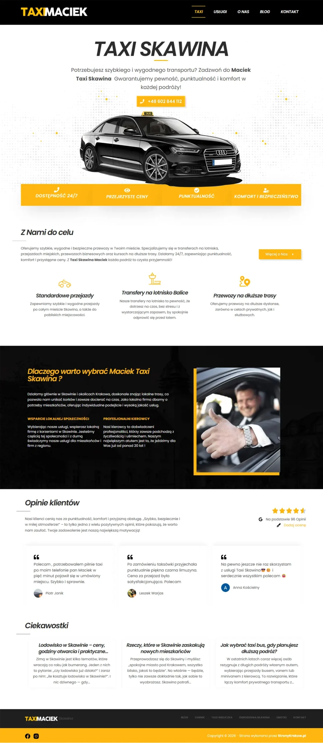Pełny widok strony internetowej Taxi Maciek Skawina Kraków