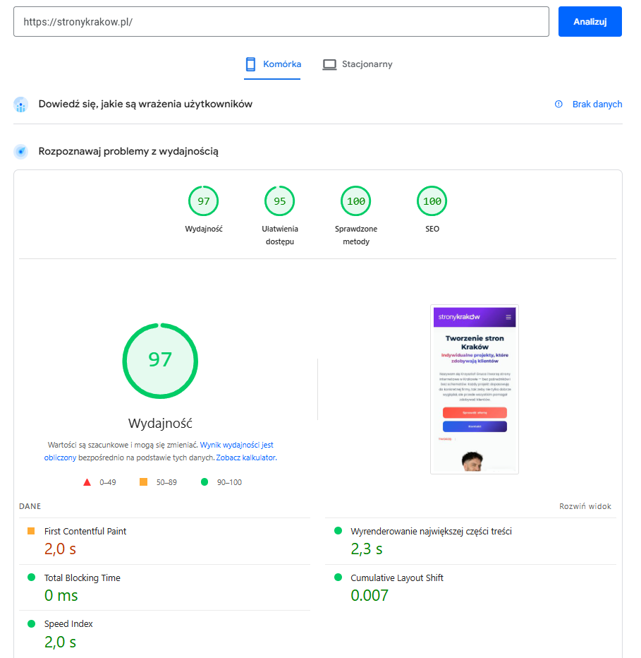 Google PageSpeed Insights - oficjalne narzedzie sprawdzające szybkość strony internetowej