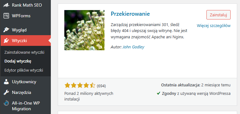 jak zrobić przekierowanie 301 wtyczka redirection wordpress