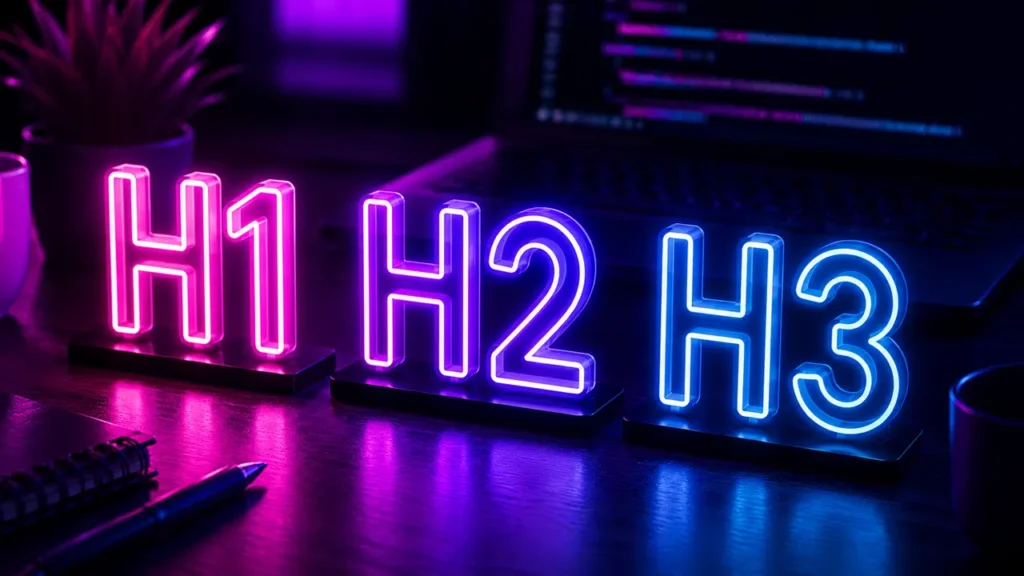 Nagłówki H1 H2 H3 na stronie internetowej pokazane jako neonowe elementy na biurku webmastera