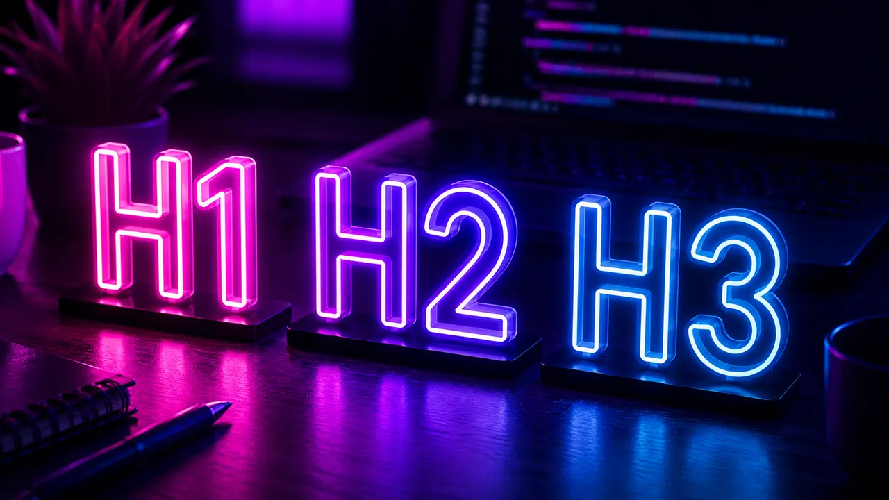 Nagłówki H1 H2 H3 na stronie internetowej pokazane jako neonowe elementy na biurku webmastera